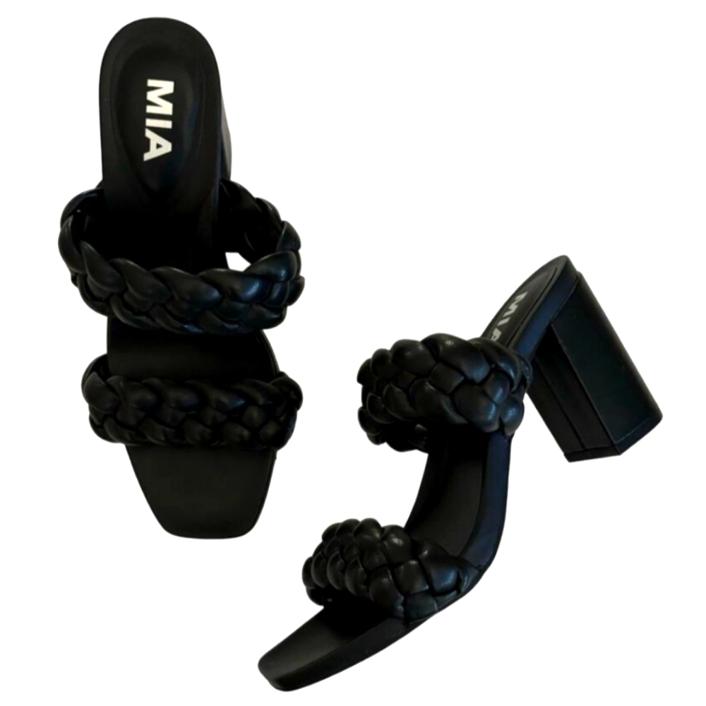 NWOT-MIA Women’s Maine Black Braided Strap Slip On Heeled Sandals Size 6.5